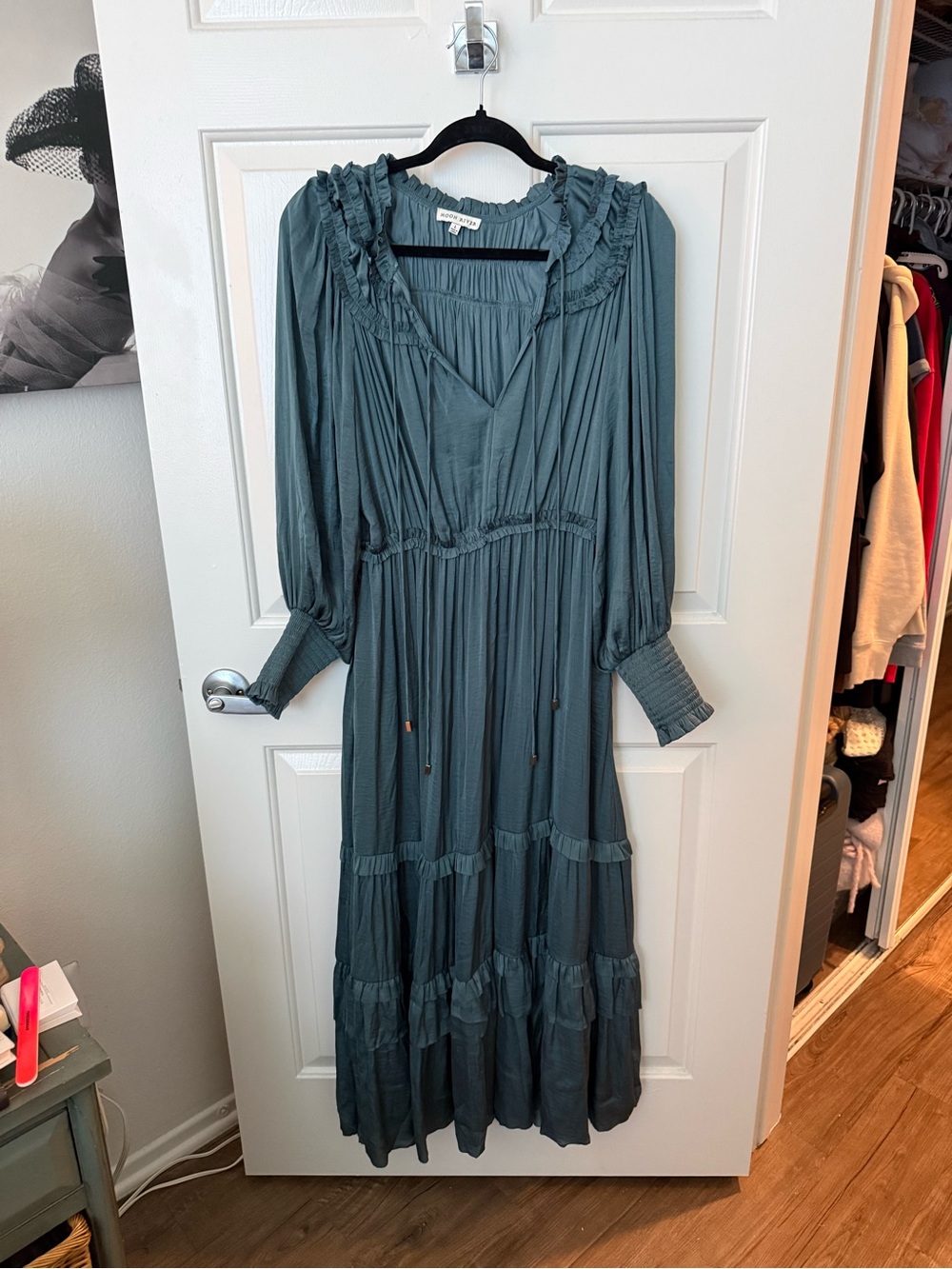 Moon River Slate Teal Ruffle-Trim Maxi Dress